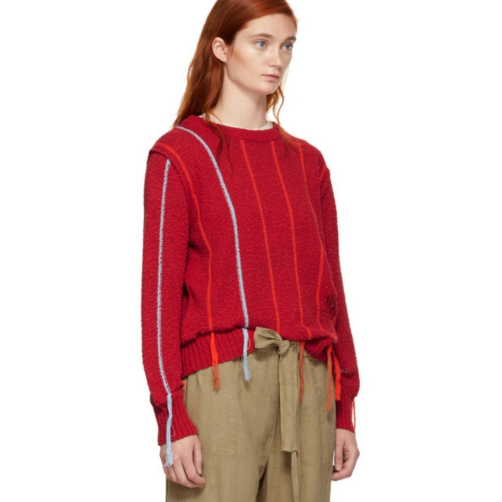 Raquel Allegra Red Crewneck Sweater with Orange & Light Blue Stripes